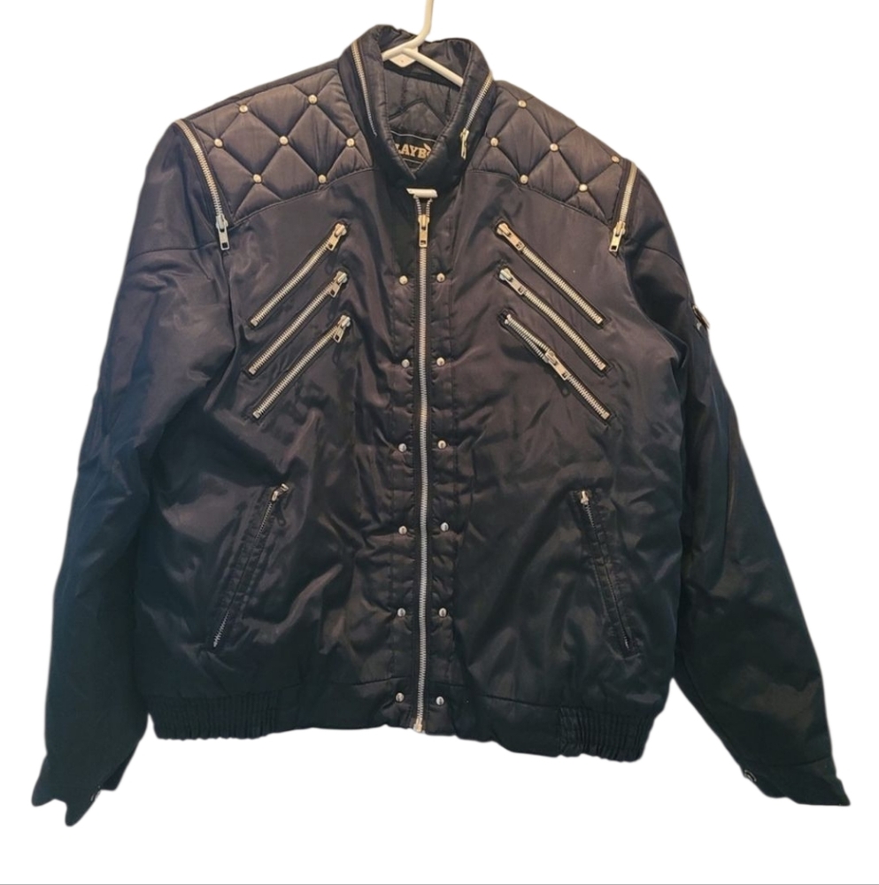Vintage Y2K Playboy Bomber Jacket M Black Satin Zipper Rhinestone Silver Zip Up